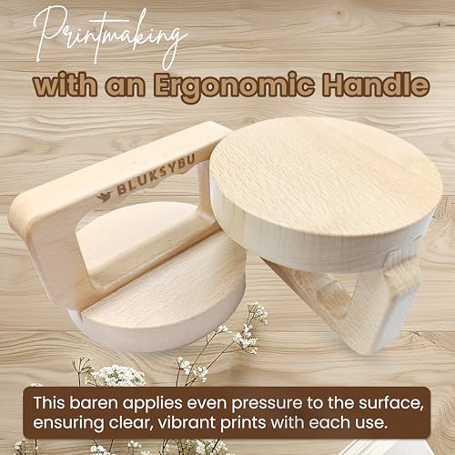 BLUKSYBU Wood Block Printing baren - Bamboo and Wood Baren for Printmaking with Comfortable Ergonomic Handle - Linocut Block Printing - Baren Printmaking Tool with Felt Mat and Cleaning Cloth