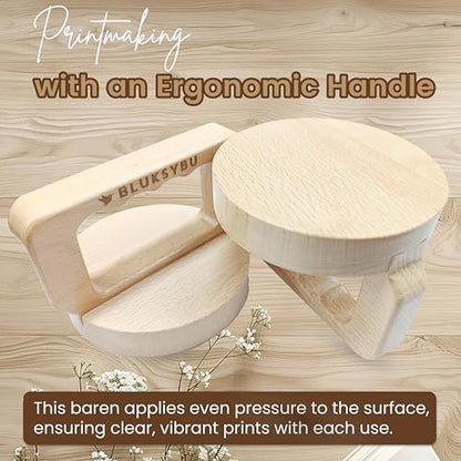 BLUKSYBU Wood Block Printing baren - Bamboo and Wood Baren for Printmaking with Comfortable Ergonomic Handle - Linocut Block Printing - Baren Printmaking Tool with Felt Mat and Cleaning Cloth