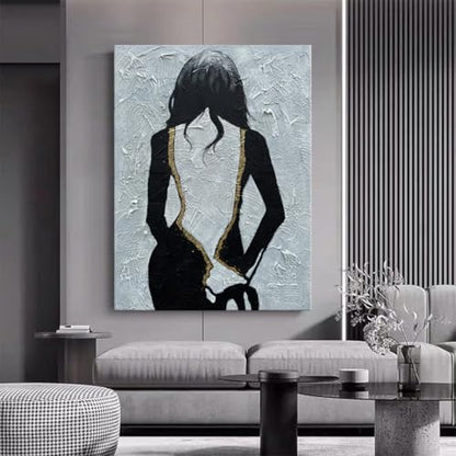zoinart Hand Painted Black and White Wall Art, 28x40 Inches, Abstract Girl Painting, Vertical Black and White Wall Decor, Textured Art - color: BL-057