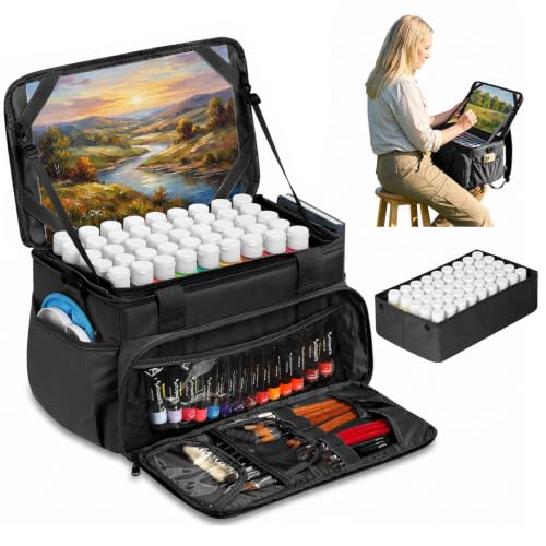 Magicfly Large Art Bag, Waterproof Acrylic Paint Storage with Drawing Easel | Art Supply Bag, Portable Art Travel Bag, Art Bags for Supplies, Holds up to 90 (2oz) Paint Bottles, for Artists & Students - color: Black