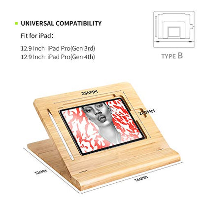 ELETIUO Tablet Desktop Stand Height Adjustable,Foldable Bamboo Drawing Ipad Holder,Multi-Angle Portable Stand Organizer,Compatible with 12.9 inch ipad pro 3rd/4th Gen - size: B