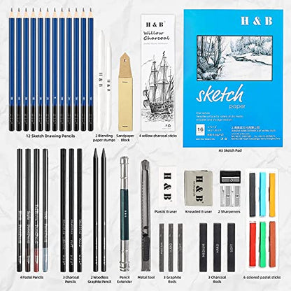 H & B 48-Piece Sketching & Drawing Kit for Adults & Beginner Artists - Includes Graphite & Charcoal Pencils, Blending Stumps, Sketchpad, Pastel Sticks, Nylon Storage Case - size: 48 Piece Set