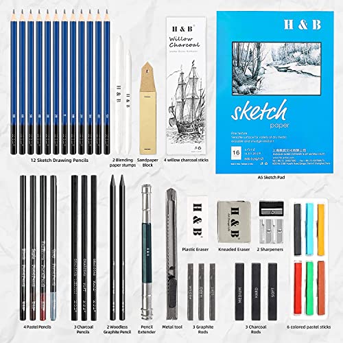 H & B 48-Piece Sketching & Drawing Kit for Adults & Beginner Artists - Includes Graphite & Charcoal Pencils, Blending Stumps, Sketchpad, Pastel Sticks, Nylon Storage Case - size: 48 Piece Set