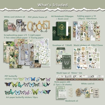 Diuhofart Scrapbook Kits for Adults Women, Aesthetic Stationery Scrap Booking Supples Kit with A6 Grid Notebook for Junk Journal Supplies, DIY Paper Craft Art Materials - color: Green Kit Butterfly