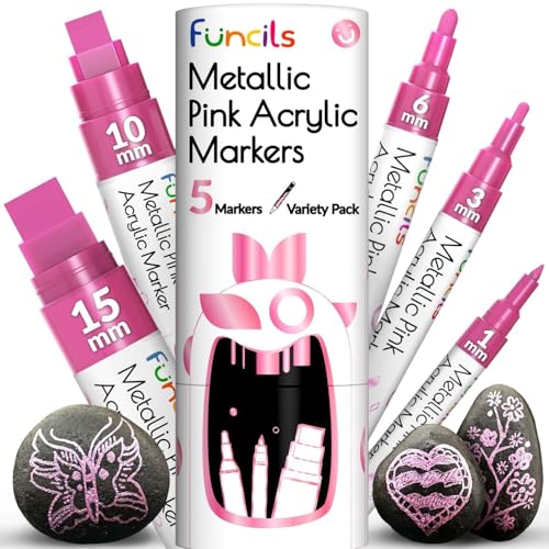 5 Acrylic Metallic Pink Paint Pen Markers for Rocks, Canvas, Wood | Extra Fine Tip, Thin & Jumbo (1mm, 3mm, 6mm, 10mm, 15mm) - Paint Markers for Metal, Plastic, Fabric, Glass - Permanent Marker - color: Metallic Pink