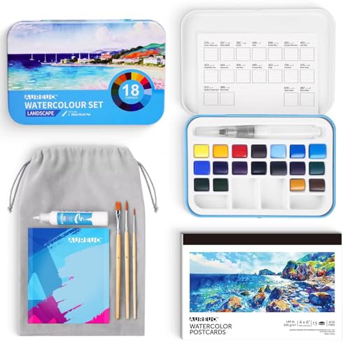 AUREUO Blue Watercolor Set - Marine Ocean Watercolor Paint Set with Brushes, Watercolor Postcards, Masking Pen, Tote Bag - Water Color Painting Kit for Adults, Beginners, Professional - color: Landscape Kits