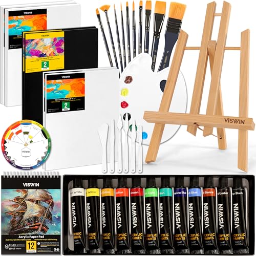 VISWIN 50 Pcs Acrylic Paint Set with Tabletop Easel, Painting Kit with 12 Acrylic Paints, Canvases, Brushes, Palette, Paper Pad, Art Supplies, Ideal Gift for Adults, Kids, Artists, Students - size: 50 Pcs