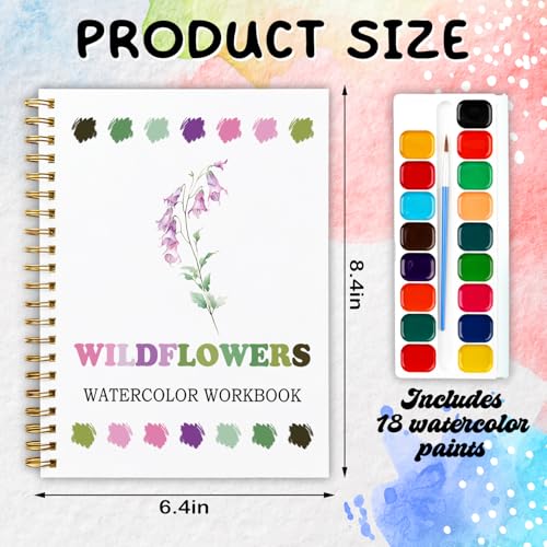 12 Wildflower Patterns Watercolor Set, Painting Book for Beginners, Stress Relief Art Gift for Women and Adults, Relaxing DIY Workbook, Boho Nature Lover Kit - color: Purple-Wildflowers