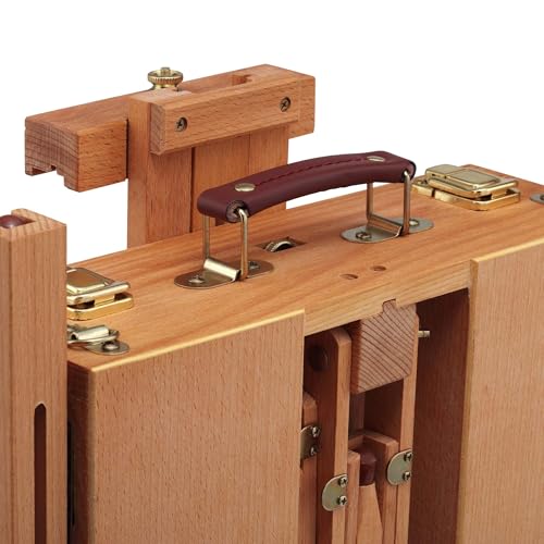 Grand Luxe Full Box French Easel- Oiled Beechwood Artist Easel with Brass Fittings, Adjustable Dividers, and Wood Palette- Plein Air Easel w/Leather Handle and Linen Strap for Canvases up to 34" High - size: Full Box