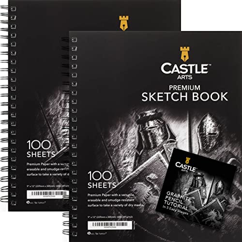 Castle Art Supplies Sketchbook 9 x 12in for Artists - Double Pack Sketchpad | 200 sheets of quality 90gsm paper, spiral bound for versatility - for adult artists, students, and learners alike