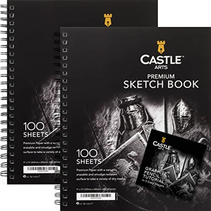 Castle Art Supplies Sketchbook 9 x 12in for Artists - Double Pack Sketchpad | 200 sheets of quality 90gsm paper, spiral bound for versatility - for adult artists, students, and learners alike