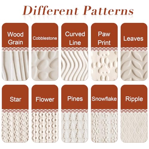 Lzttyee Wooden Handle Pottery Tools Clay Modeling Pattern Rollers, Brown | Clay Texture Rollers Set of 10 - color: Set of 10