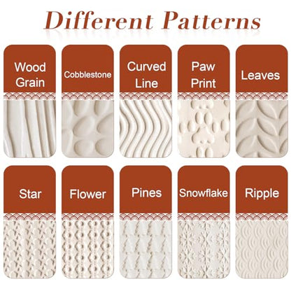 Lzttyee Wooden Handle Pottery Tools Clay Modeling Pattern Rollers, Brown | Clay Texture Rollers Set of 10 - color: Set of 10