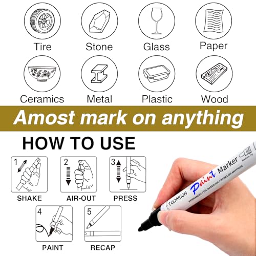 TOOMGGA 8 White and Black Permanent Markers Paint Pens, Oil Based Medium | Marking Pens, Quick Drying, Waterproof, Fade-resistant, for Rock Painting, Car Tyre, Metal, Plastic, Canvas, Mugs, Wood - color: White&Black