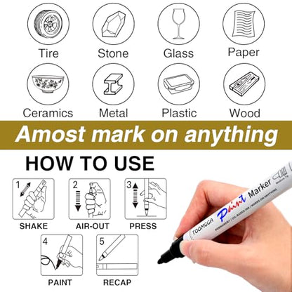 TOOMGGA 8 White and Black Permanent Markers Paint Pens, Oil Based Medium | Marking Pens, Quick Drying, Waterproof, Fade-resistant, for Rock Painting, Car Tyre, Metal, Plastic, Canvas, Mugs, Wood - color: White&Black
