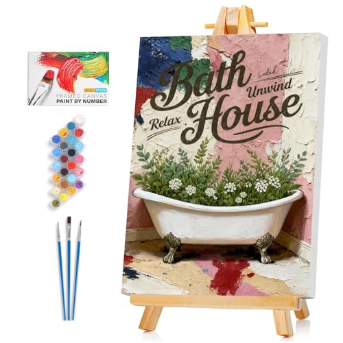 Framed Paint by Numbers Kit for Adults Beginner & Kids Ages 10-13, Bathroom Decor Paint by Numbers with frame, without Easel, DIY Acrylic Number Painting for Adults for Home Decor Gift 8 x 12 Inch - color: XM-OP-F-BathHouse-2030