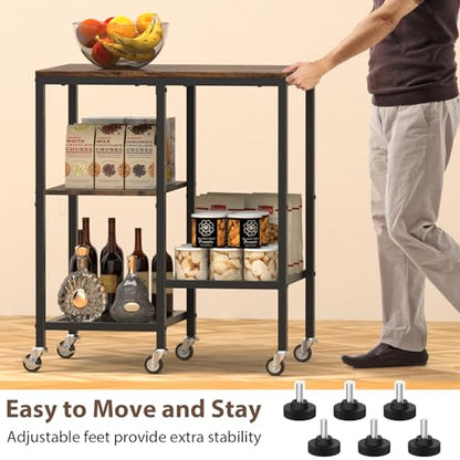 OGEMXU Rolling Kitchen Microwave Cart,4 Tier Microwave Stand,Brown | Utility Cart on Lockable Wheels,Open Storage for Spices, Pots，Small Side Table,Coffee Cart for Living Room Office, Balcony - color: Rustic Brown