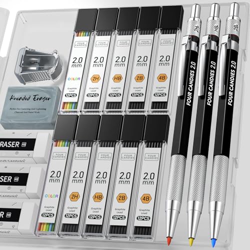 Four Candies 3PCS 2MM Mechanical Pencils with case, Artist Led Pencil Metal Lead Holder with 120 Graphite Lead Refills(HB 2H 2B 4B Color), 4 Erasers, Sharpener, Drafting Pencil for Drawing, Sketching - size: 17 Piece Set