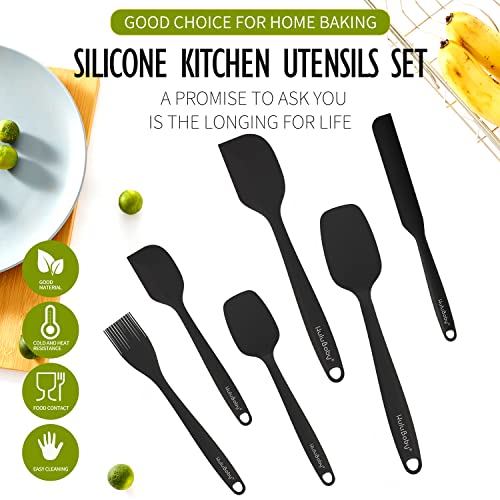 Permanent Warranty Silicone Spatula Set of 6 Seamless One-Piece Non Stick Heat Resistant up 600°F Kitchen Utensils Cooking Baking (Black)