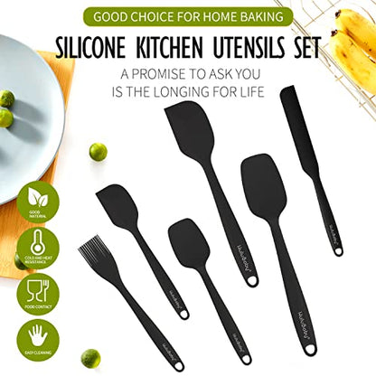 Permanent Warranty Silicone Spatula Set of 6 Seamless One-Piece Non Stick Heat Resistant up 600°F Kitchen Utensils Cooking Baking (Black)