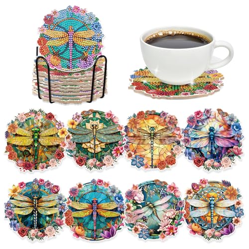 Dragonfly Diamond Art Coasters - 8 PCS DIY Colorful Flower Glass Diamond Painting Kits Special Shaped Non Slip Drink Coaster with Holder Art Craft Supplies Birthday Gift for Beginner Adult - color: Dragonfly