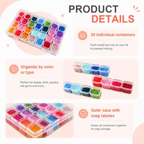 CGCG 5-Pack 28-Grid Clear Plastic Small Bead Organizer Storage Box | Portable diamond painting case with lids, mini craft containers for nail art glitter, seed sorting, jewelry making, sequins