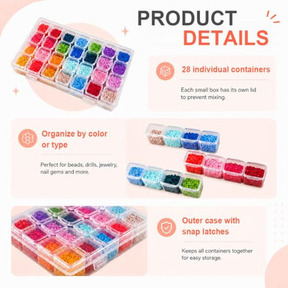 CGCG 5-Pack 28-Grid Clear Plastic Small Bead Organizer Storage Box | Portable diamond painting case with lids, mini craft containers for nail art glitter, seed sorting, jewelry making, sequins