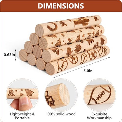 10pcs Wooden Clay Texture Rollers Set for Pottery & Ceramics - Popular Patterns - Potters Stamp Roller Tools for Ceramic Slabs - Textured Rolling Modeling Pins (0.63" x 5" inch) - color: Fun Activity