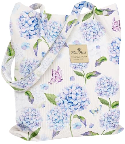 Miss Adola Corduroy Tote Bag for Women with Aesthetic Design | Magnetic Buckle & Pocket, Reusable, Soft, Roomy, Long Shoulder Handles, Double-sided Print, Casual Daily Work, Grocery Bags - color: Blue Hydrangea