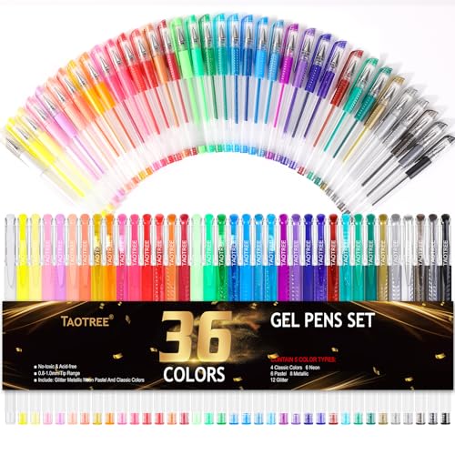 Taotree Gel Pens for Coloring Books, 36 Colors Glitter Pens, 40% More Ink - color: 36 Multicolor