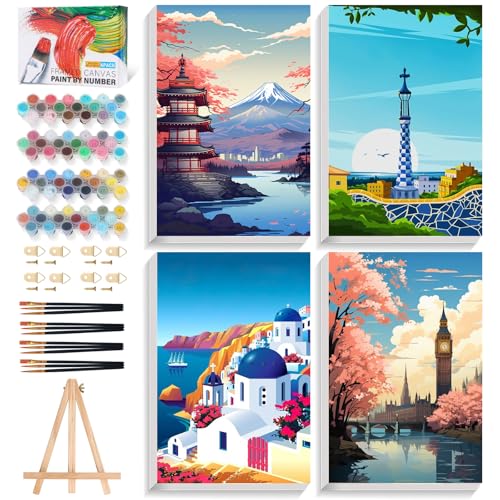 4 Pack Framed Paint by Numbers Kit for Adults with Wooden Easel, Landscape Paint by Number Kits with Frame, Acrylic Watercolor Adult Paint by Number Kits on Canvas Framed for Home Decor 8x12 Inch - color: OP-4P-F-Attractions-2030