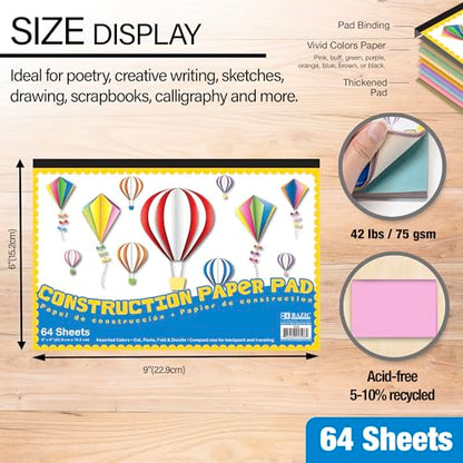 BAZIC Products Color Mini Construction Paper Pad, 6 x 9 in, 64 Ct, 2-Pack - size: 2-Pack