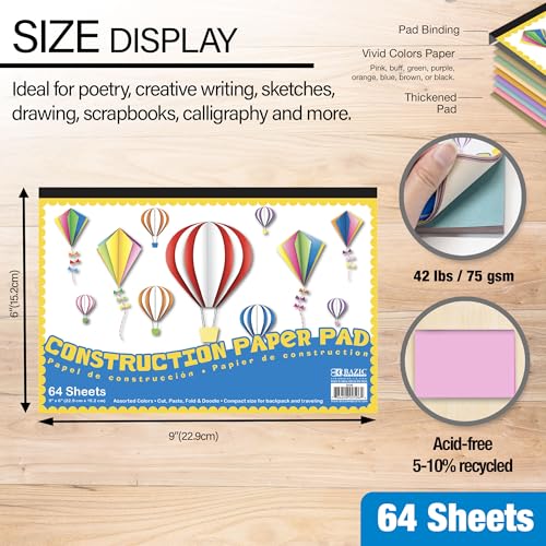 BAZIC Products Color Mini Construction Paper Pad, 6 x 9 in, 64 Ct, 2-Pack - size: 2-Pack