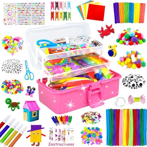 3000 Arts and Crafts Supplies for Kids Craft Kit All in 3 Layered Craft Box with Pipe Cleaners Crafts for Kids Age 4-6, 6-8, 8-12 DIY School Supplies Materials Set Toys Gifts for Girls Boys, Red - color: red