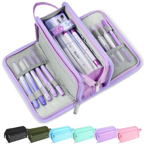 Sooez Big Pencil Case, Pencil Pouch, Pencil Bag, Pencil Box, Purple & Plaid | Ample Storage, Durable Canvas, Smooth Zippers, Portable Handle, Cute Stationery Organizer, Makeup Bag, School Supplies, Girls - color: Purple with Plaid