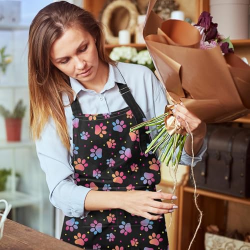 Apron with Pockets, 32x28 inch, for Women Men, Colorful Paw | Dog Animal Paw Waterproof Adjustable Bib Aprons for Kitchen Cooking Baking Painting Gardening - color: Cute Dog Paw