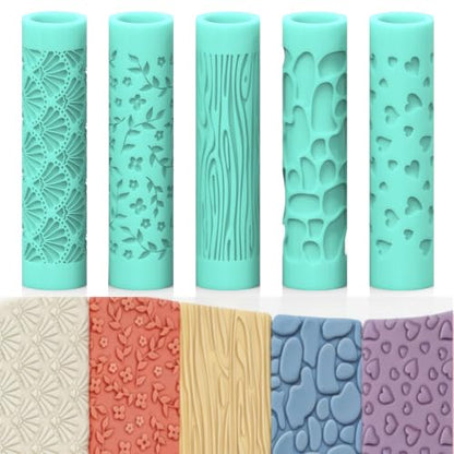 ORIGACH 5 Pcs Pattern Theme Polymer Clay Texture Roller for Earring Making | Embossing Pottery Texture Rollers with Plastic Storage Box for Earring Making - style: 0055-01
