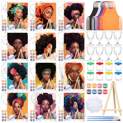 Sherr 96 Pcs 12 Sets Pre Drawn Canvas Kit for Painting Craft Sip and Paint Kit for Adults Pre Printed Canvas Painting Favor for DIY Birthday Gifts Adult's Date Party, 8 x 10 Inches(Lady) - style: Lady