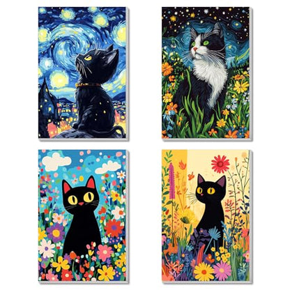 4 Pack Framed Paint by Numbers Kit for Adults Beginner Canvas Painting by Numbers for Adults Black Cat Easy Adult Paint by Number Kits with Frame Starry Night Watercolor Painting by Number 8x12 Inch - color: YFd0104