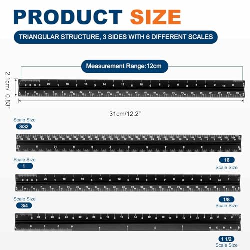 HARFINGTON Architectural Scale Ruler, 12 Inch Standard Aluminum Alloy Architect Triangular Small Scale Laser-Etched Blueprint Drafting Ruler for Architects Engineers, Black - color: Black, size: 12 Inch