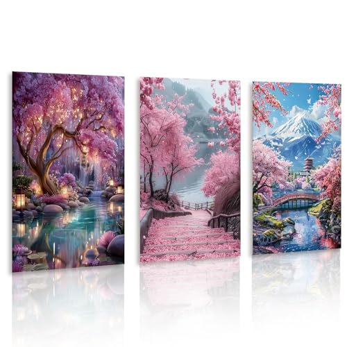 Gemozaic 3 Pack Fantasy Tree Diamond Painting Kits for Adults,12 x 16 Inch | Pink Cherry Blossom Diamond Art Kit, Full Drill 5D Round Sakura Gem Art for Home Wall Decor, Gift, Unframed - color: G9451+G9452+B16886