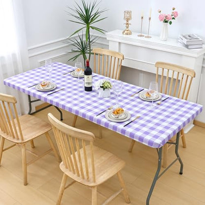 Smiry 4 Foot Picnic Table Cloth, Flannel Backed Fitted Vinyl tablecloths | Waterproof Elastic Rectangle Tablecloth ,Buffalo Plaid Table Covers for Dining, Camping (Purple and White, 24" x 48") - color: Purple and White, size: 48" x 24" (Rectangular)