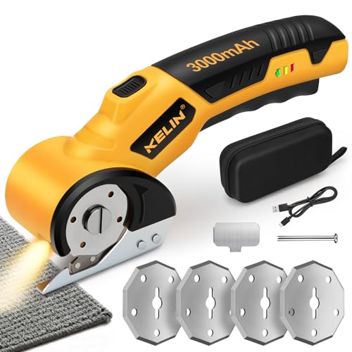 2026 New 3000mAh Electric Cardboard Box Cutter with 4 Blades, Cordless Electric Scissors with Safety Lock & LED Light, Storage Box, 300 RPM, Electric Cutter for Fabric Carpet Carton Leather Cloth - color: Yellow-orange 1
