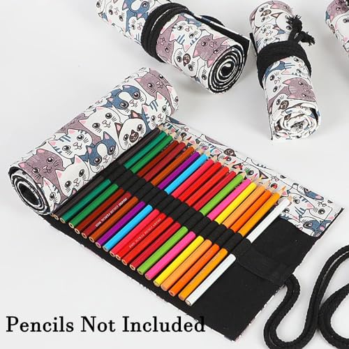 DIYOMR 24/36/72 Slots Pencil Wrap Pencil Rolls, Artist Colored Pencils Roll Up Bag Short Brushes Pouch Case Pencils Organizer for Drawing Coloring and Sketching,No Pencils (Big Headed Cat, 72slots) - color: Big Headed Cat, size: 72slots