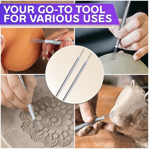 2 Pcs Pottery Scoring Tool Ceramics, 5.33 In, Stainless Steel Pottery Tools | Clay Scoring Tool Set; Feather Wire Texture; Aluminum Alloy Handle, Knurled Grip; for Air Dry Clay Sculpting, and Texturing