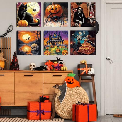 Teling 12 Pcs Halloween Pre Drawn Stretched Canvas Kit for Adults Painting Pre Printed Canvas Outline for DIY Painting Party Favor, 6 x 6 x 0.6 Inches - style: Halloween