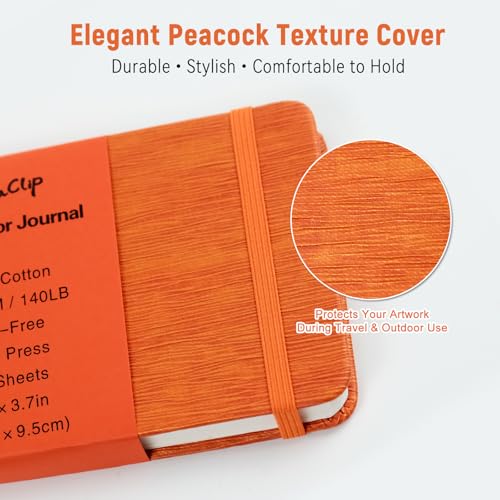 CuppaClip Leather Watercolor Journal, 300gsm/140lb 100% Cotton Cold Press Water ColorPaper, 20 Sheets Acid-Free Watercolor Sketchbook Art Notebook for Painting, Drawing, Travel (Orange, 5.8x3.7in) - color: Orange, size: 5.8x3.7in
