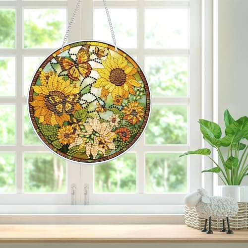 Bowetile Sunflower Diamond Art Hanging Kits for Adults, 5D Special Shape Diamond Painting Butterfly Pendant Kits, Animal Gem Art Suncatchers Painting Ornament for Home Garden Wall Decor - color: Round - Sunflower