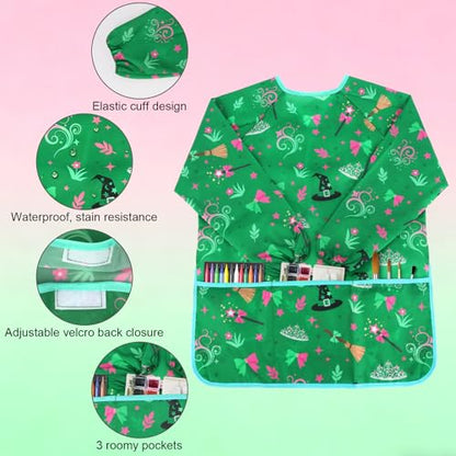 Kids Art Smocks Wicked Themed Painting Aprons for Children Waterproof Artist Smock with Long Sleeve and 3 Pockets for Age 3-8 Years (Green) - color: Witch (Green)