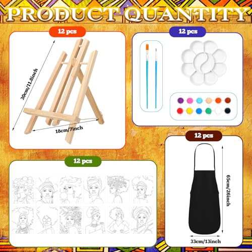 Motipuns 12 Set Afro Queen Pre Drawn Canvas for Paint for Adults | 8 x 10 Inch, Sip and Paint Party Kit, Pre Printed Framed Canvas with Easels Paints Brushes Aprons, Party Adult Art Supplies - style: Afro Queen